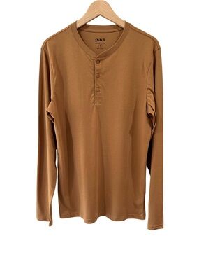 Pact Men's Softspun Long sleeve Henley shirt S camel organic cotton NWT